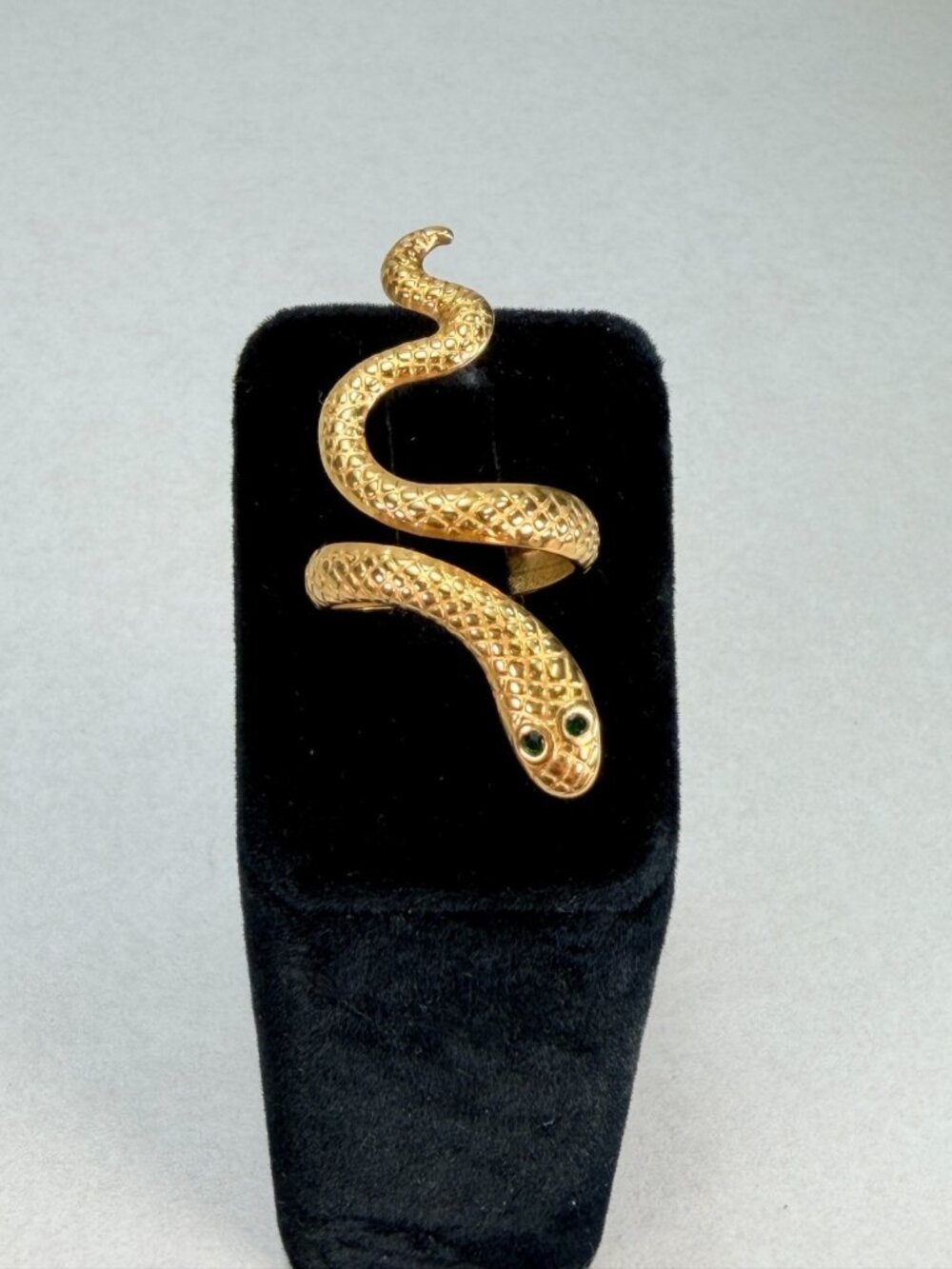 Vintage Gold Tone Brass Metal Snake Wrap Ring Green Eyes Adjustable Statement